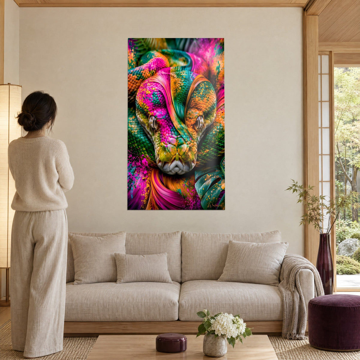 Schilderij python met fuchsia en turquoise schubben, strakke blik, opgehangen boven een bank in een lichte woonkamer, voor een vrouw van achteren
