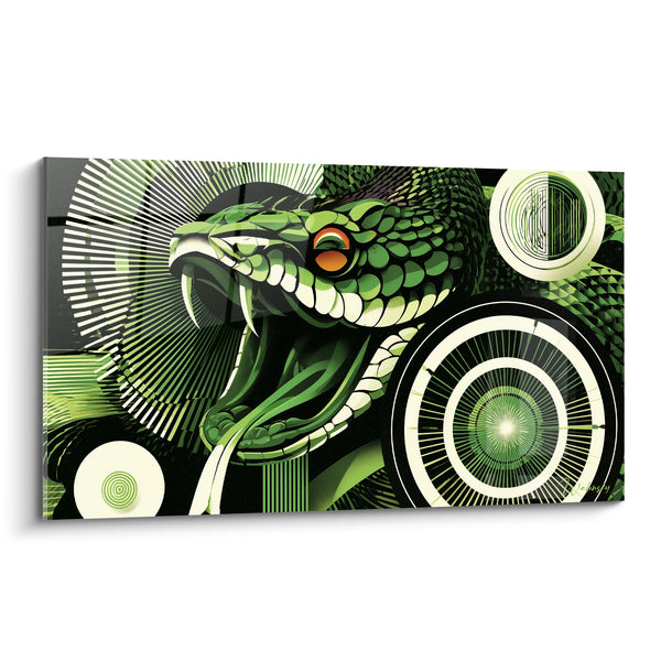 Tableau Serpent vert gueule ouverte crocs cercles - Attaque hypnotique - Edition Serpent