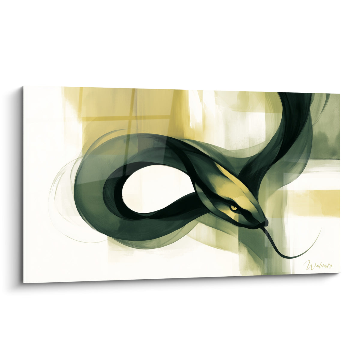 Serpent vert sombre et tête jaune ocre enroulé sur fond beige aux formes géométriques abstraites