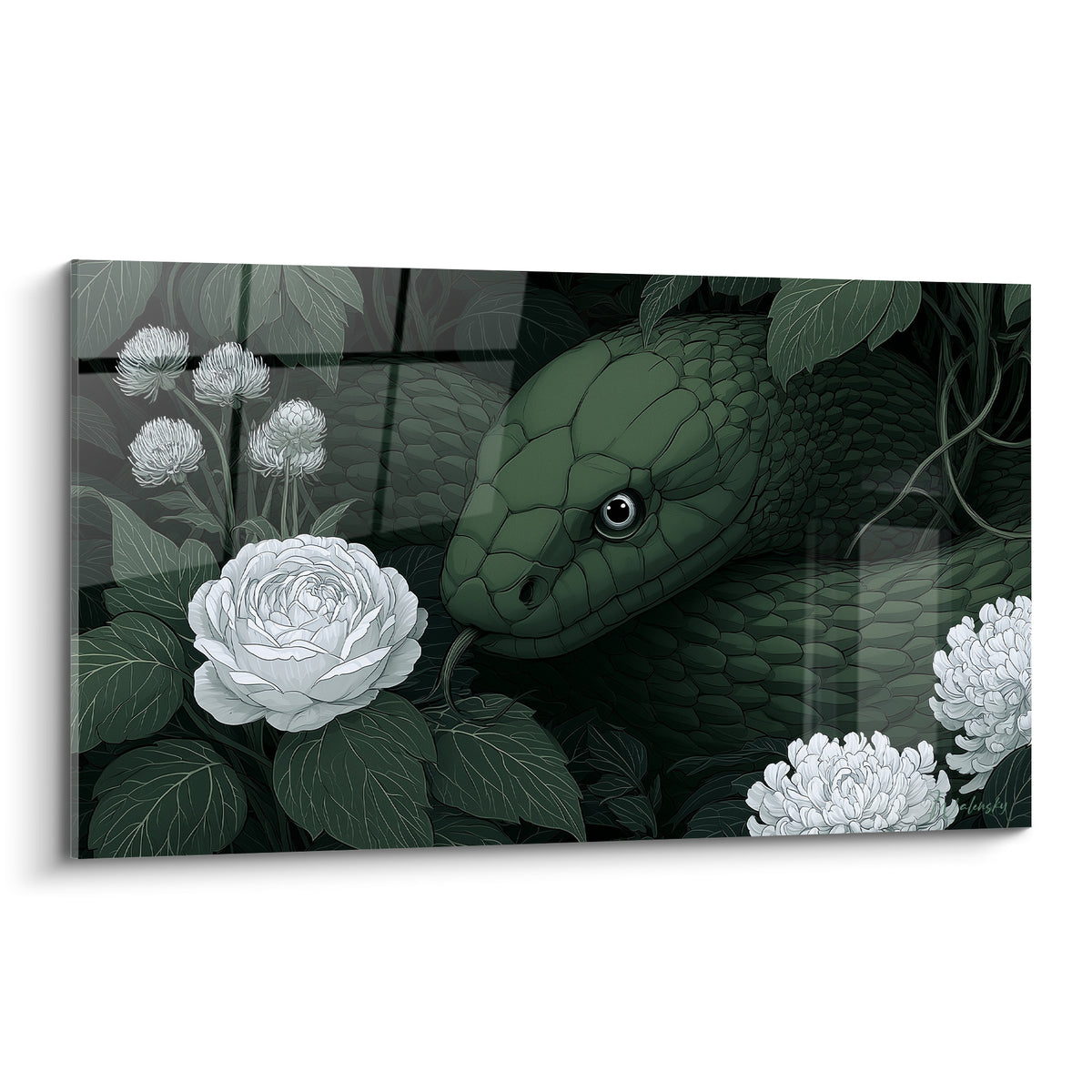 Serpent vert sapin aux écailles détaillées, lové sous des pivoines blanches et chrysanthèmes