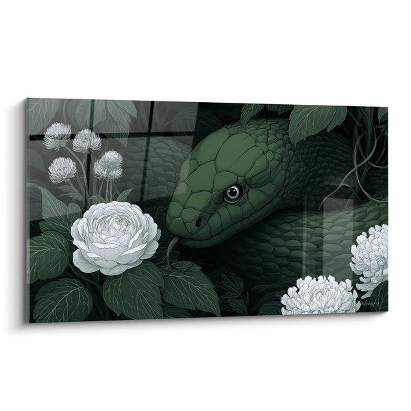 Quadri Serpente verde adagiato tra peonie bianche - Rose e fogliame scuro - Edizione Serpente