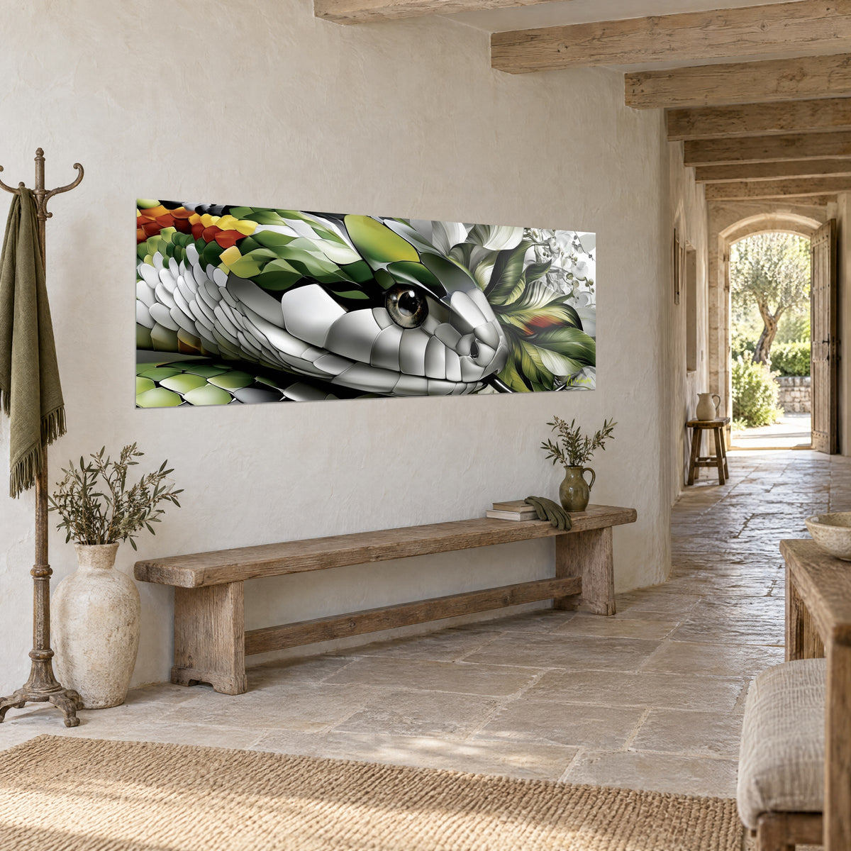 Gemälde Reptil mit silbernem Kopf, apfelgrünen Schuppen und Rosttönen, Palmblätter, an einer hellen Steinwand