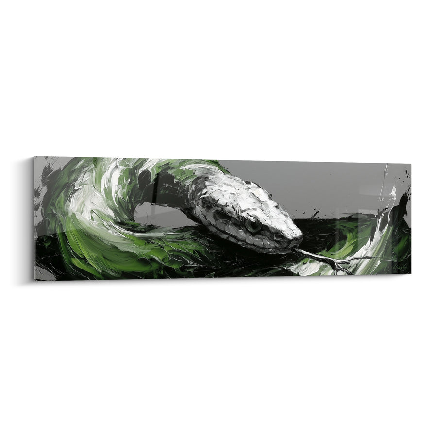 Tableau Serpent blanc et vert aux coups de spatule tourbillonnants - Langue fourchue fine - Edition Serpent