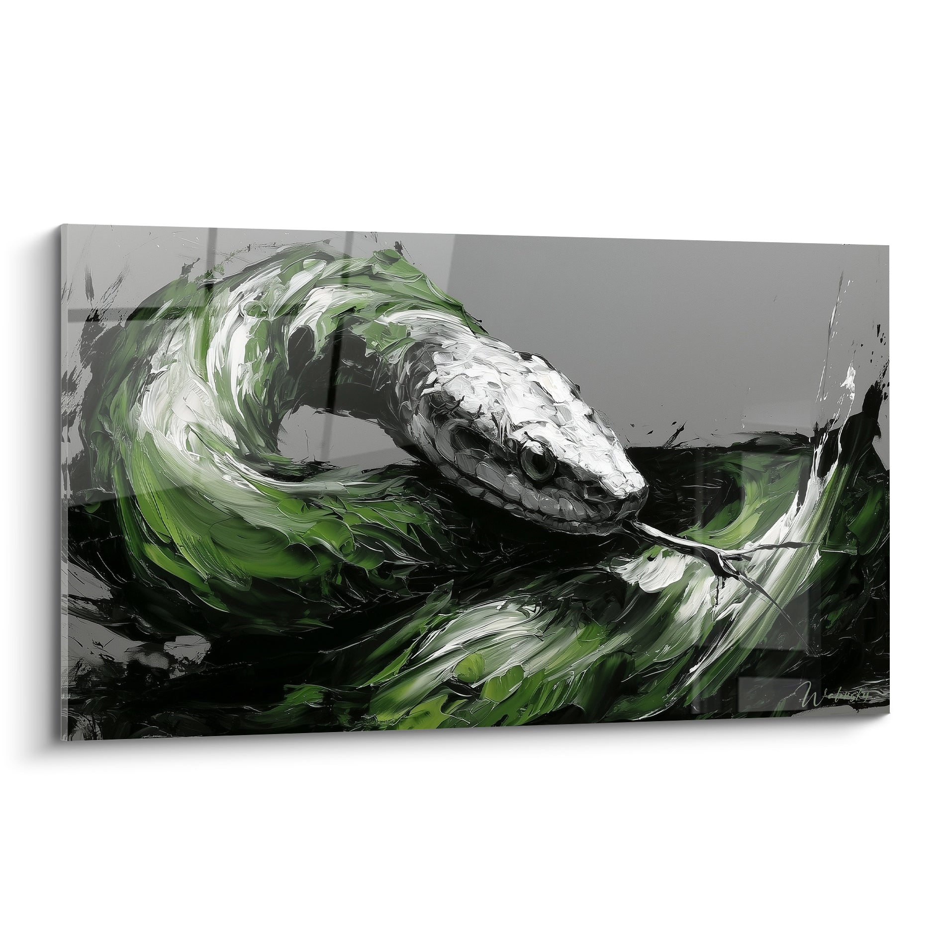 Serpent blanc et vert sauge enroulé, langue tendue, fond anthracite texturé au couteau