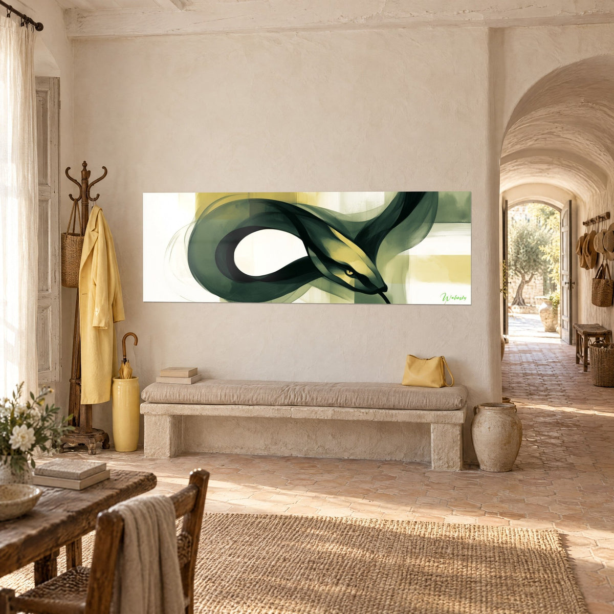 Wall art dark green reptile coiled in a figure eight, golden yellow highlights, hung above a stone bench, vaulted corridor of the farmhouse