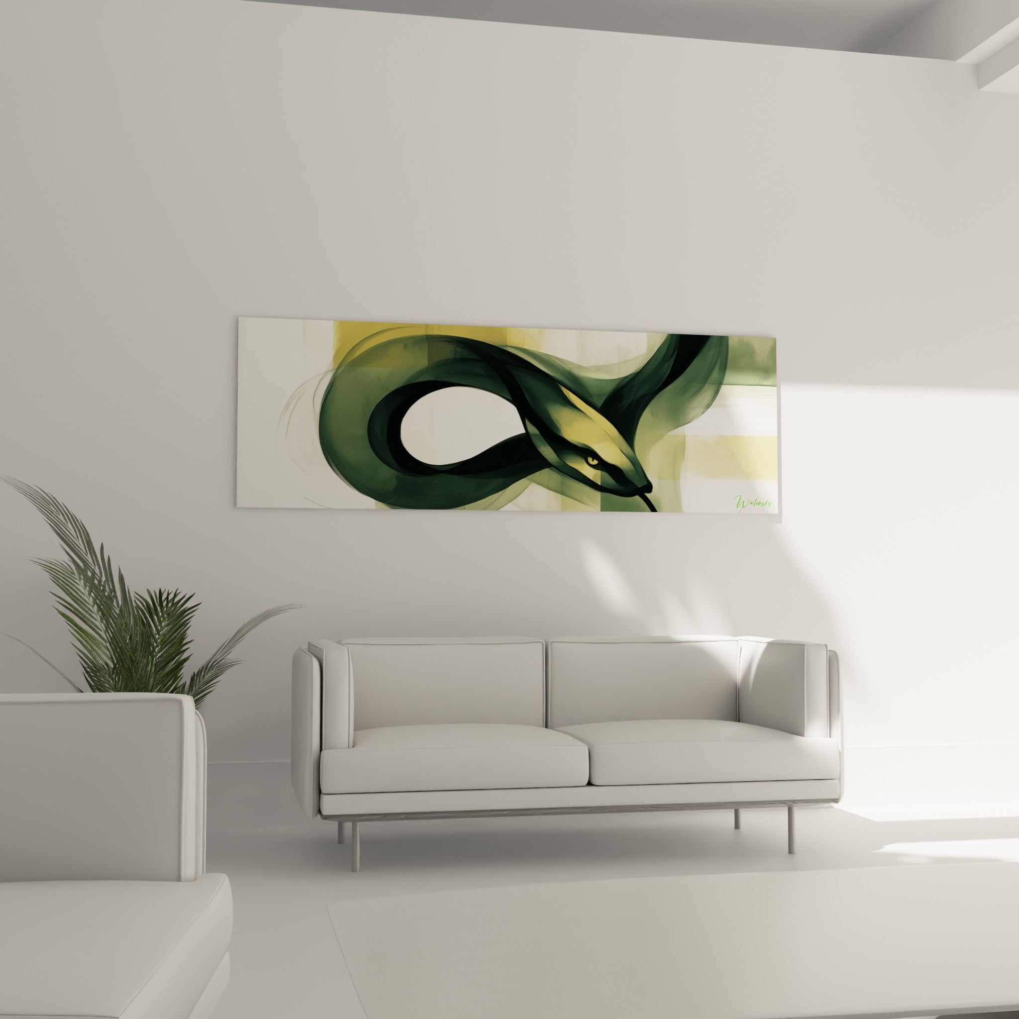 Silhouette de serpent vert sombre et jaune ocre accrochée au-dessus d'un canapé dans un salon lumineux