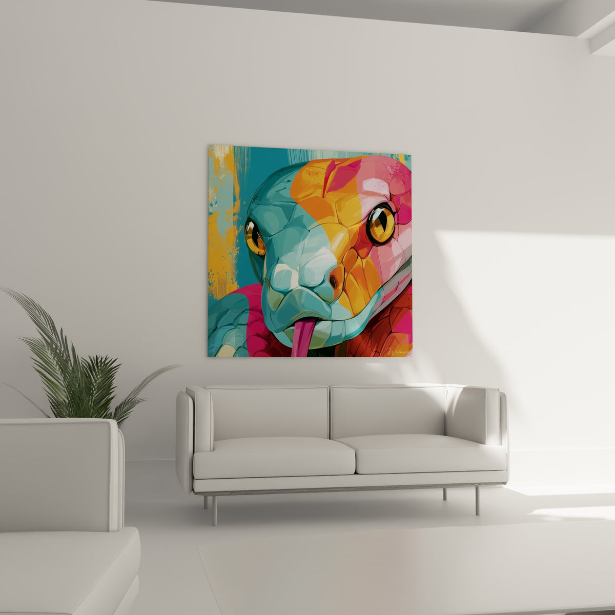 Tête de serpent fragmentée en orange et turquoise disposée au-dessus d'un canapé dans un salon lumineux