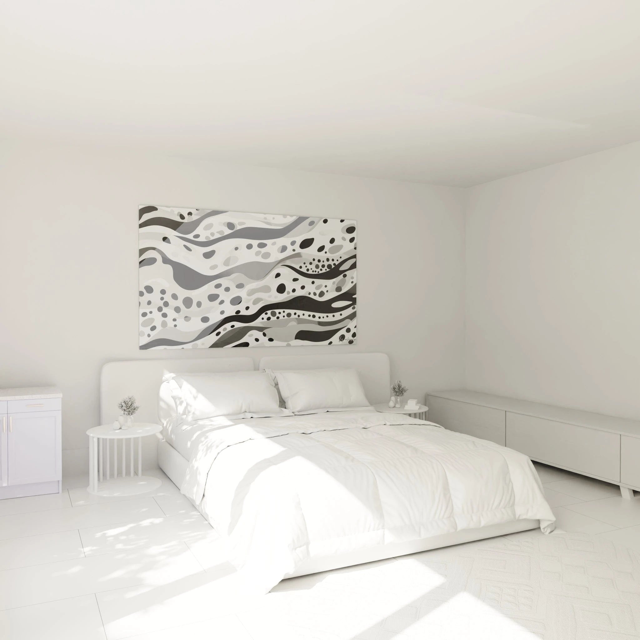 Tableau tacheté noir et blanc Walensky décorant élégamment une chambre minimaliste