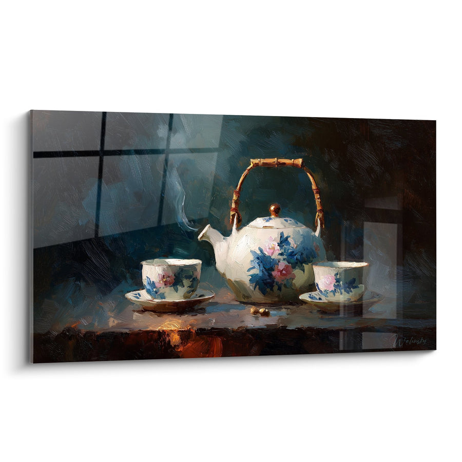 Schilderij theeservies porselein wit met blauwe en roze bloemmotieven met bamboe handvat - Rustig moment - Japanse theepot editie