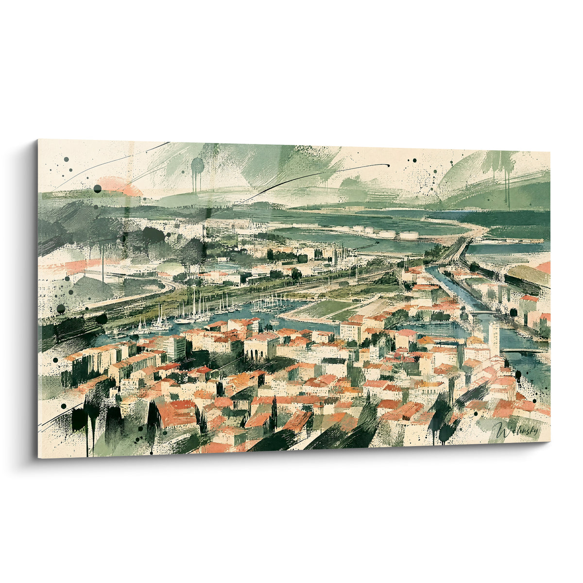 Gemälde Luftansicht von Sète als Aquarell, terrakottafarbene Dächer, pastellblauer Kanal und salbeigrüne Hügel