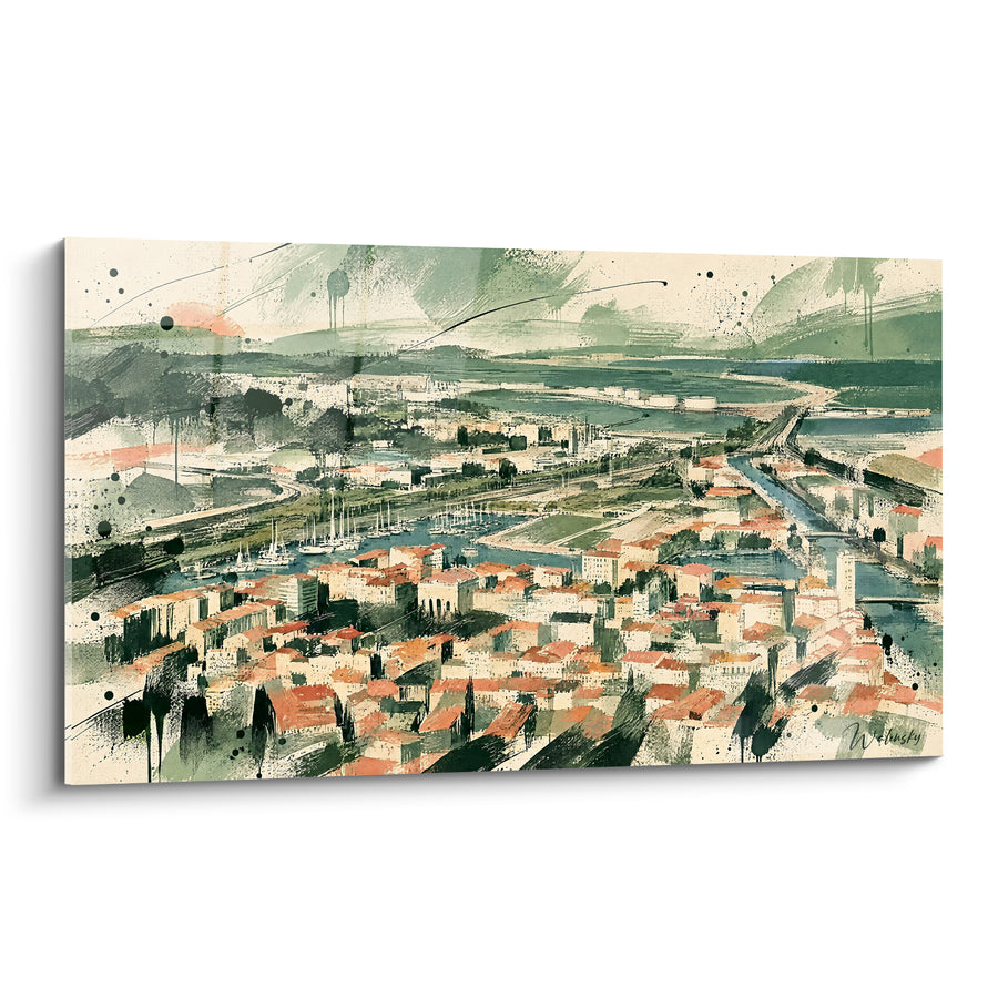 Panoramic View Painting of Terracotta Roofs and Green Canal - Sunrise Panorama - Sète Occitanie France Edition