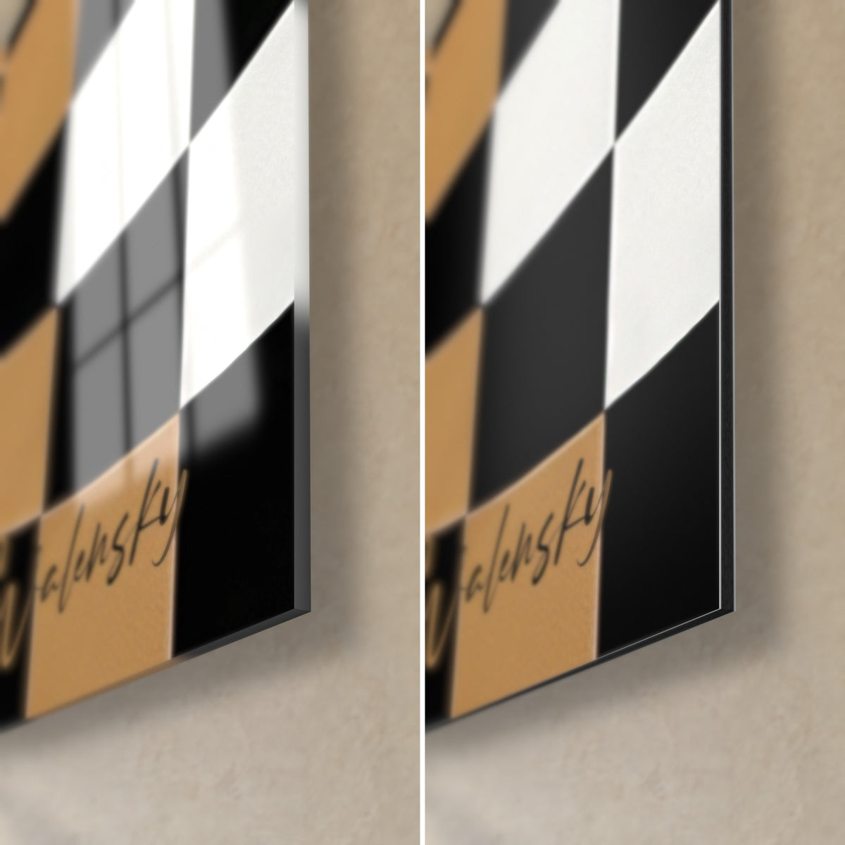 Wall art dog in black, white and ochre checkerboard pattern, bottom right corner: glossy acrylic glass on the left, matte Dibond on the right, 3 mm edge