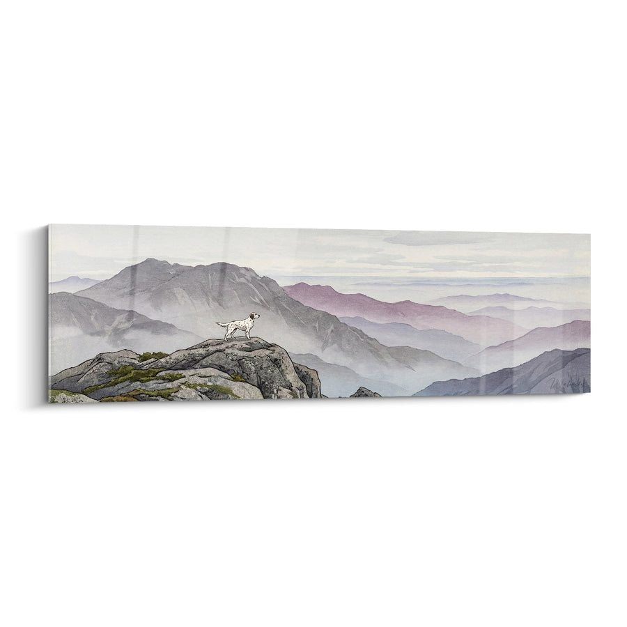 White Dog on Rock Facing Misty Mountains Canvas - Contemplation of the Peaks - English Setter Edition