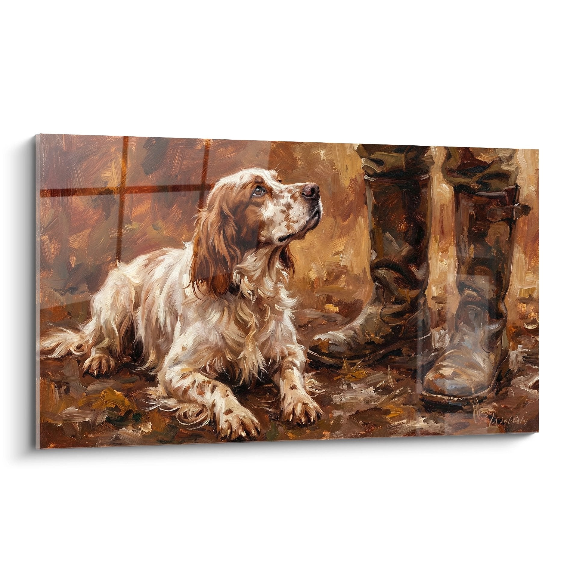 Peinture setter anglais roux et blanc couché près bottes cuir marron style rustique tons chauds