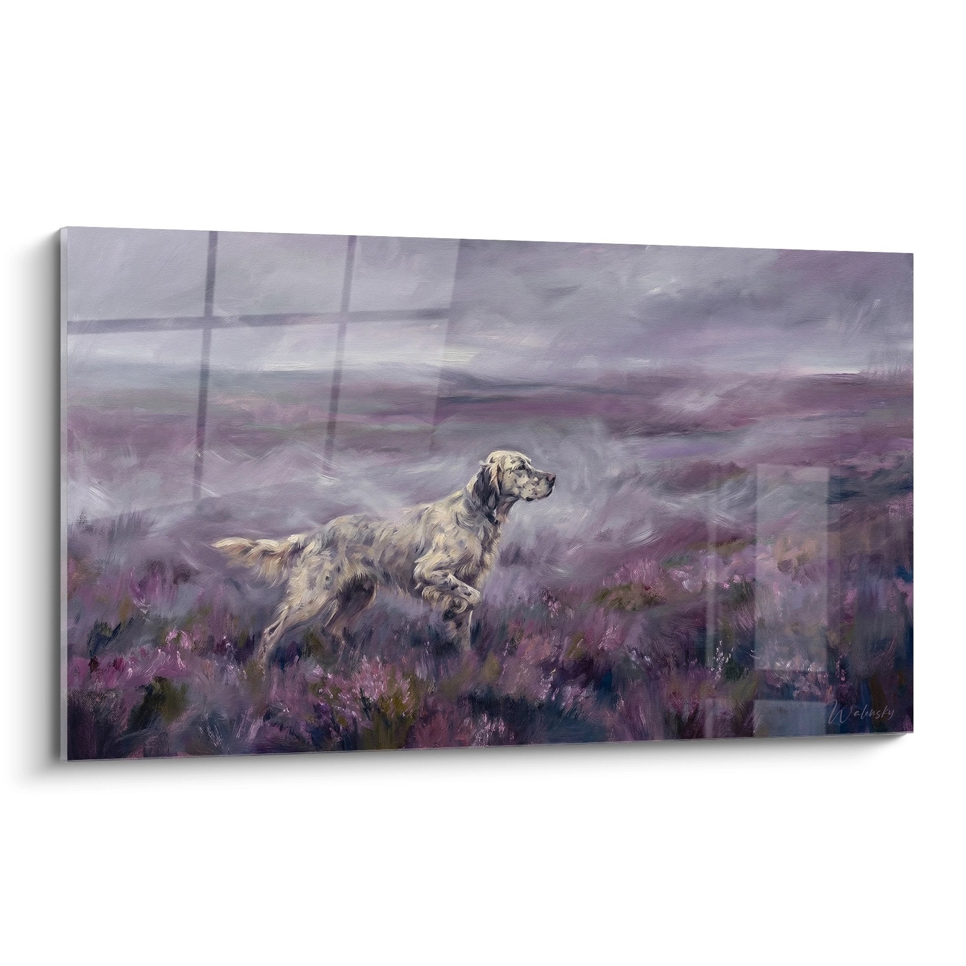 Tableau setter anglais en arret dans paysage bruyeres violettes ambiance champetre poetique