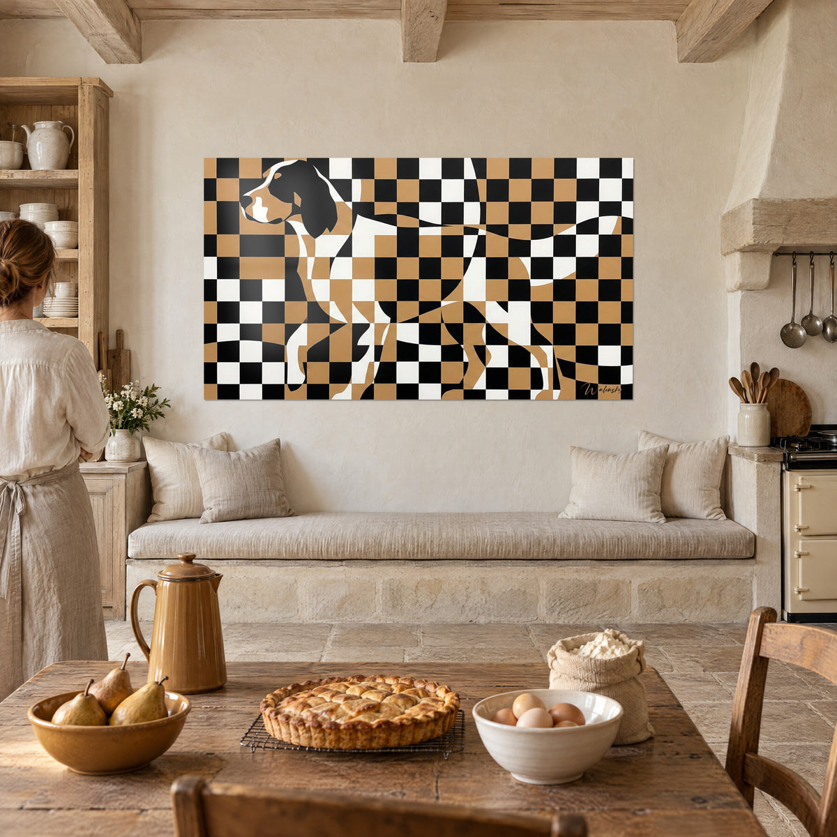 Wall art geometric spaniel in black and white on an ochre background, a woman seen from behind, stone bench and golden tart on the table
