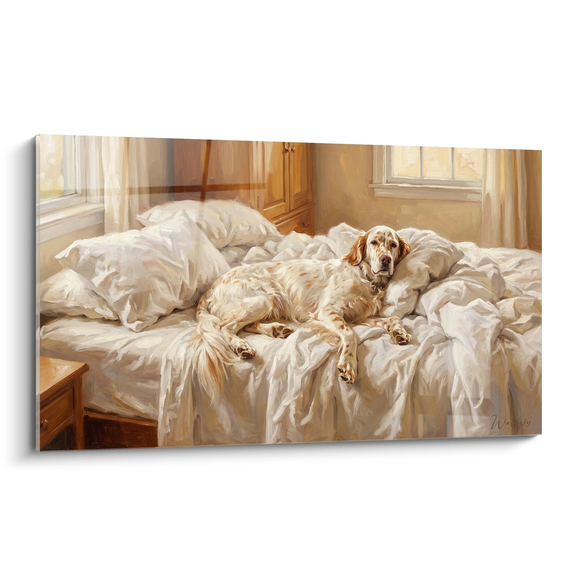 Tableau peinture setter anglais endormi draps blancs lit lumiere doree matin chambre repos chien chasse