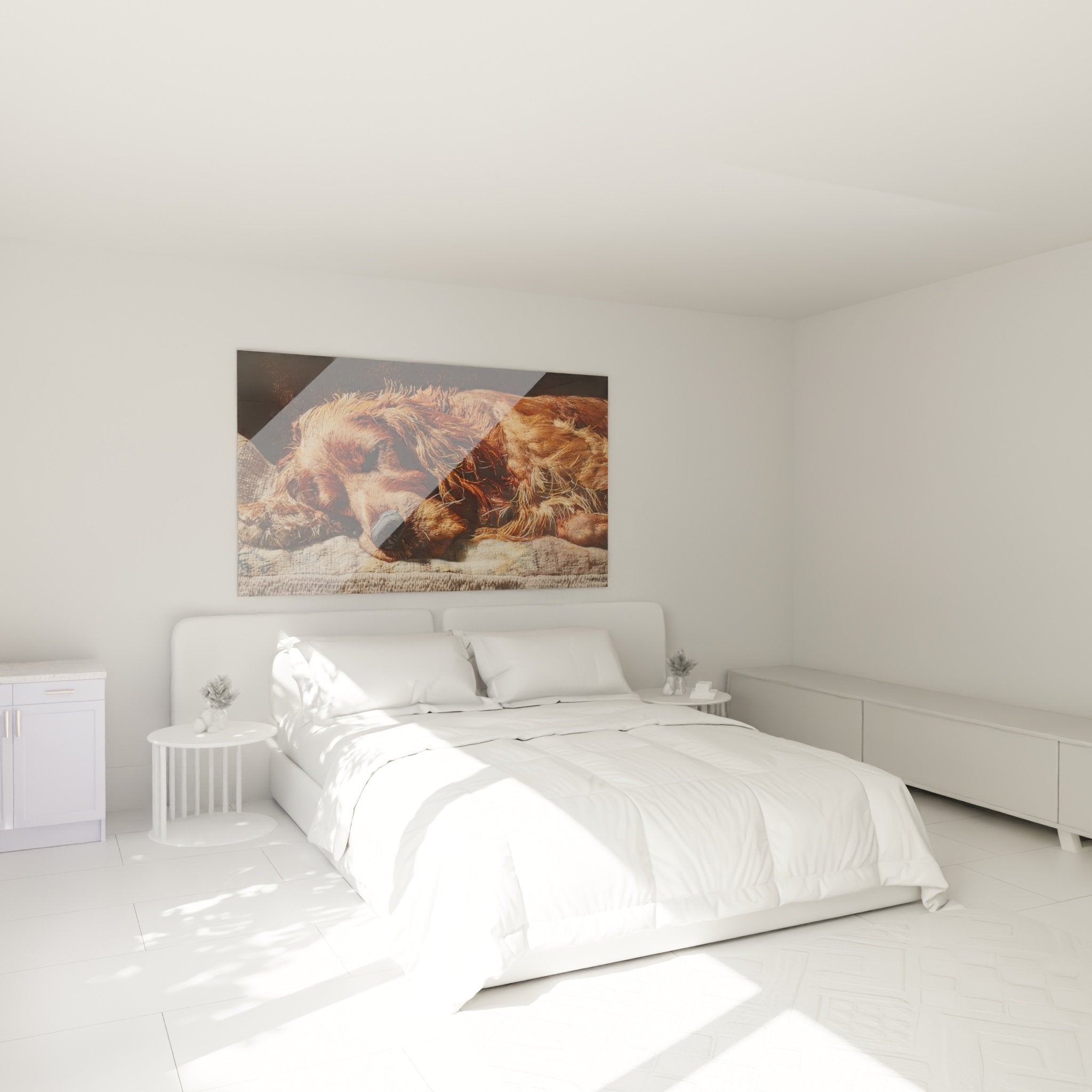 Tableau Setter Irlandais endormi dans chambre cosy aux tons chauds avec mobilier en bois naturel