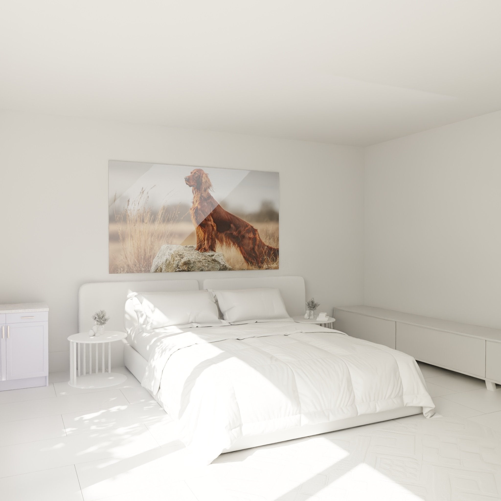 tableau setter irlandais roux sur rocher décorant chambre ambiance chaleureuse tons naturels