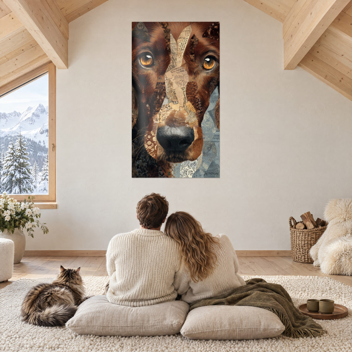 Cuadro cara de perro castaño de iris anaranjados, collage de textos beige y azulados, bajo las vigas del chalet de montaña