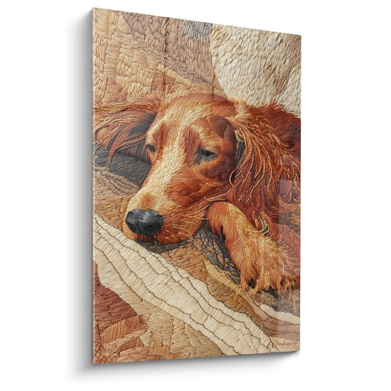 Tableau art mural Setter Irlandais roux endormi sur couverture tricotée beige, style hachures détaillées