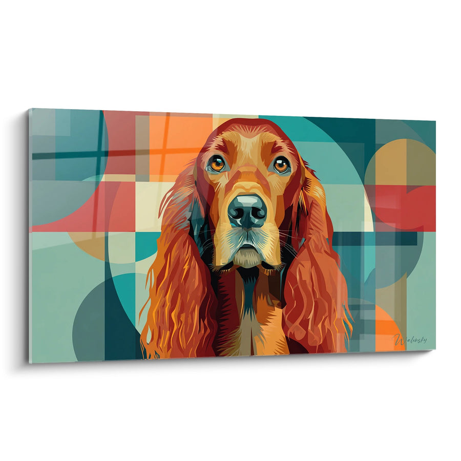 Red Dog with Golden Eyes on Colorful Geometric Background - Contemporary Portrait - Irish Setter Edition