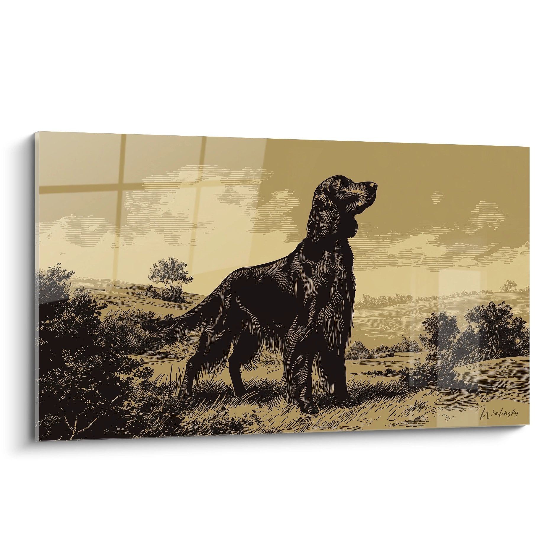 Tableau gravure vintage setter irlandais majestueux paysage champetre tons dores beige brun art cyngetique