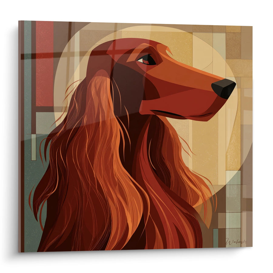 Red-Haired Dog Canvas with Long Silky Coat in Geometric Style - Elegant Portrait - Irish Setter Edition