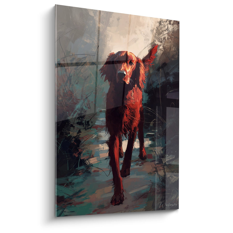 Tableau Chien Roux et Noir en Mouvement sur Sentier - Élan Artistique - Edition Setter Irlandais