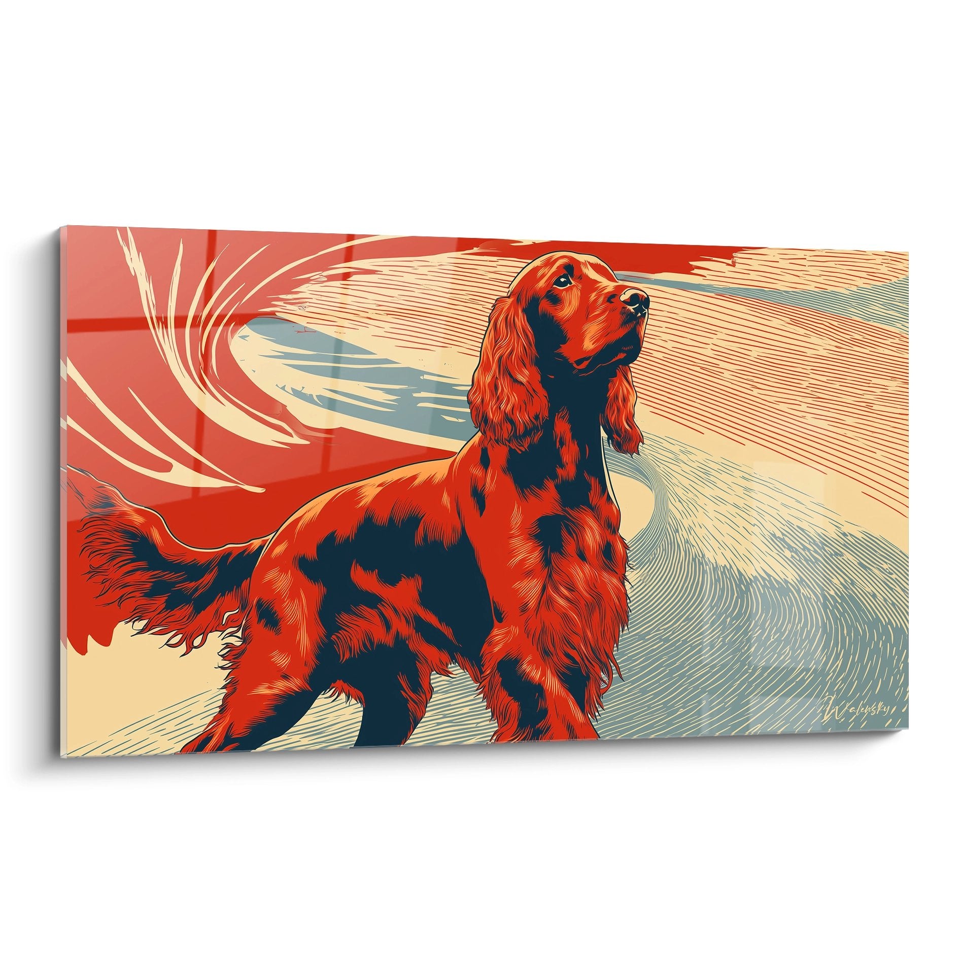 Tableau artistique Setter Irlandais roux et noir avec lignes dynamiques tourbillonnantes moderne