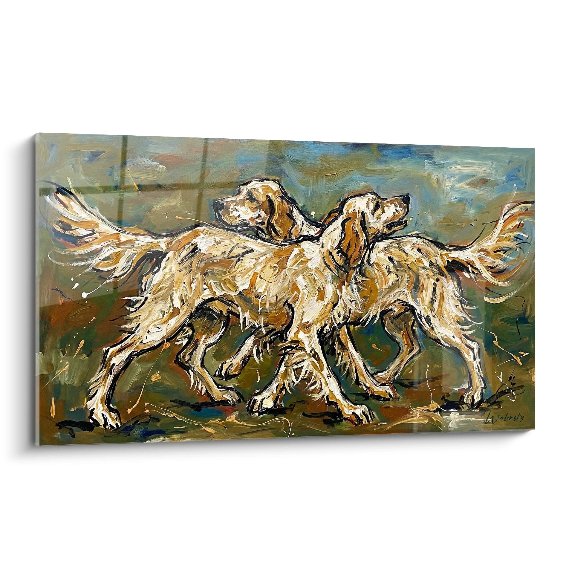 Tableau peinture deux setters anglais en mouvement tons ocre et crème style expressif art canin dynamique
