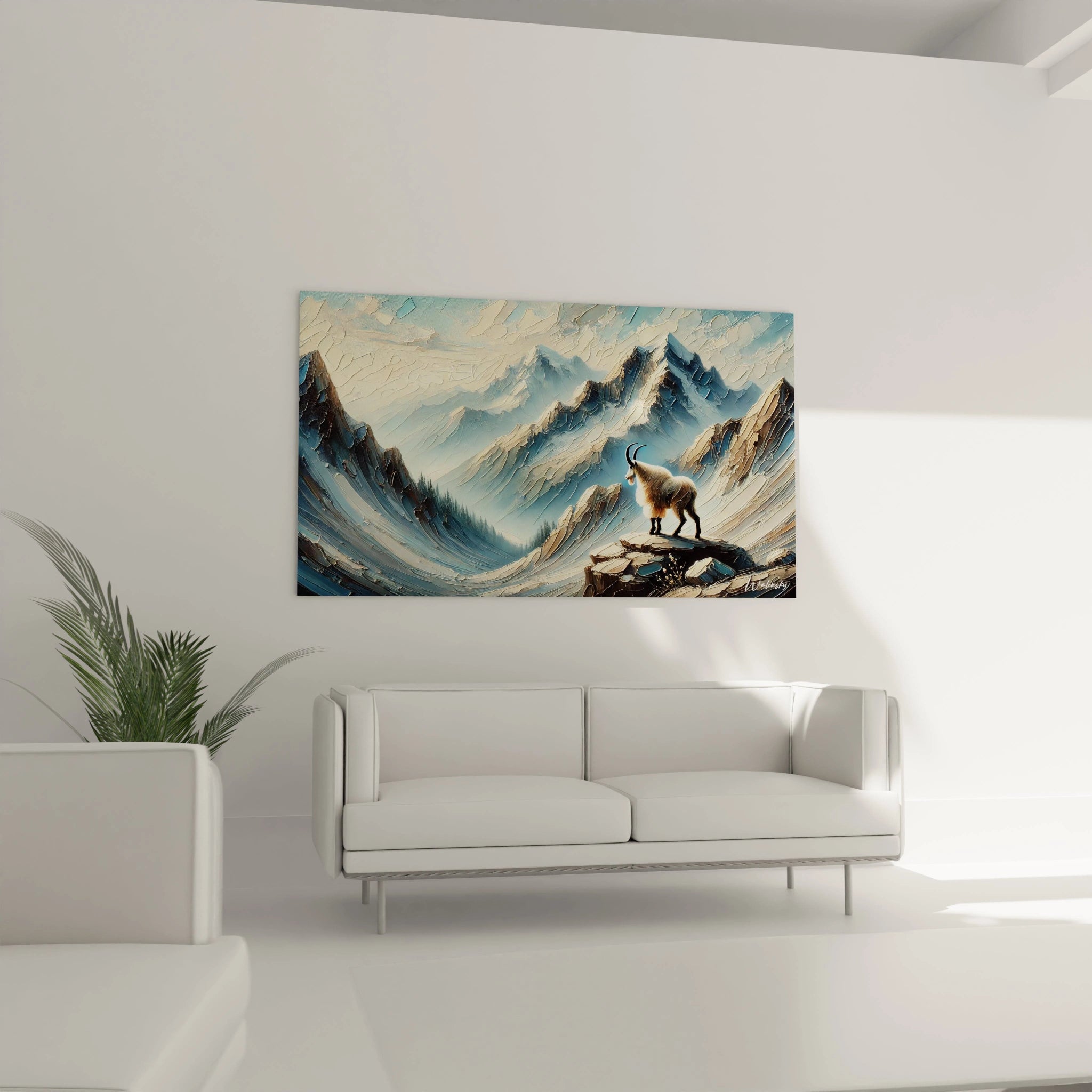 Ce tableau Montagne, accroché dans le salon au-dessus du canapé, évoque la grandeur des Alpes et la liberté d'un bouquetin, créant une atmosphère chaleureuse et inspirante.

