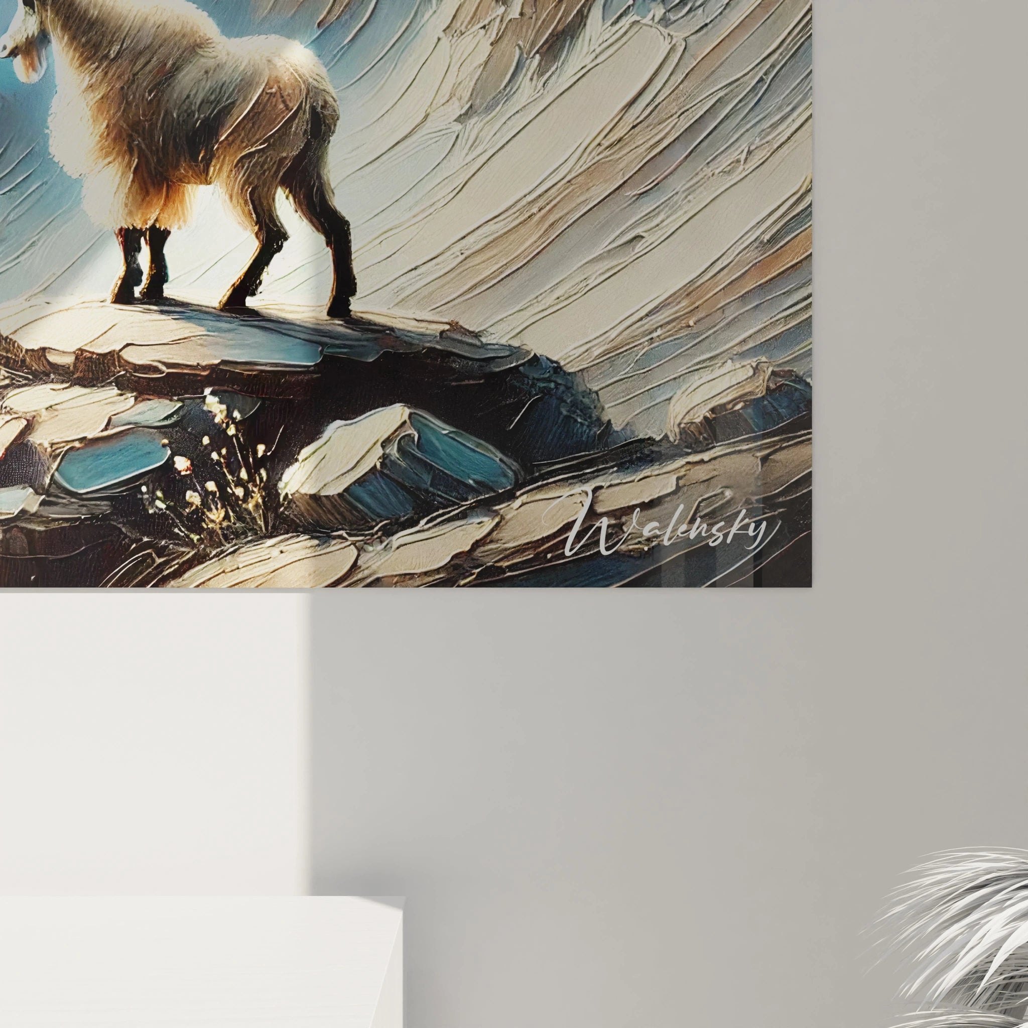 Une vue de près du tableau Montagne révèle des détails saisissants, où le bouquetin se fond dans un paysage bleu et blanc, illustrant la résilience et la beauté de la nature.






