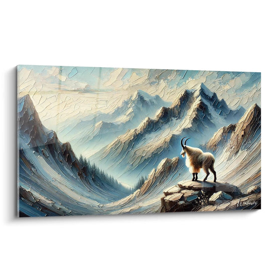 Dieses Bergbild zeigt einen majestätischen Steinbock auf einem Felsgrat und fängt die wilde Schönheit der schneebedeckten Gipfel ein. Eine Einladung, die ungezähmte Natur zu erkunden.

