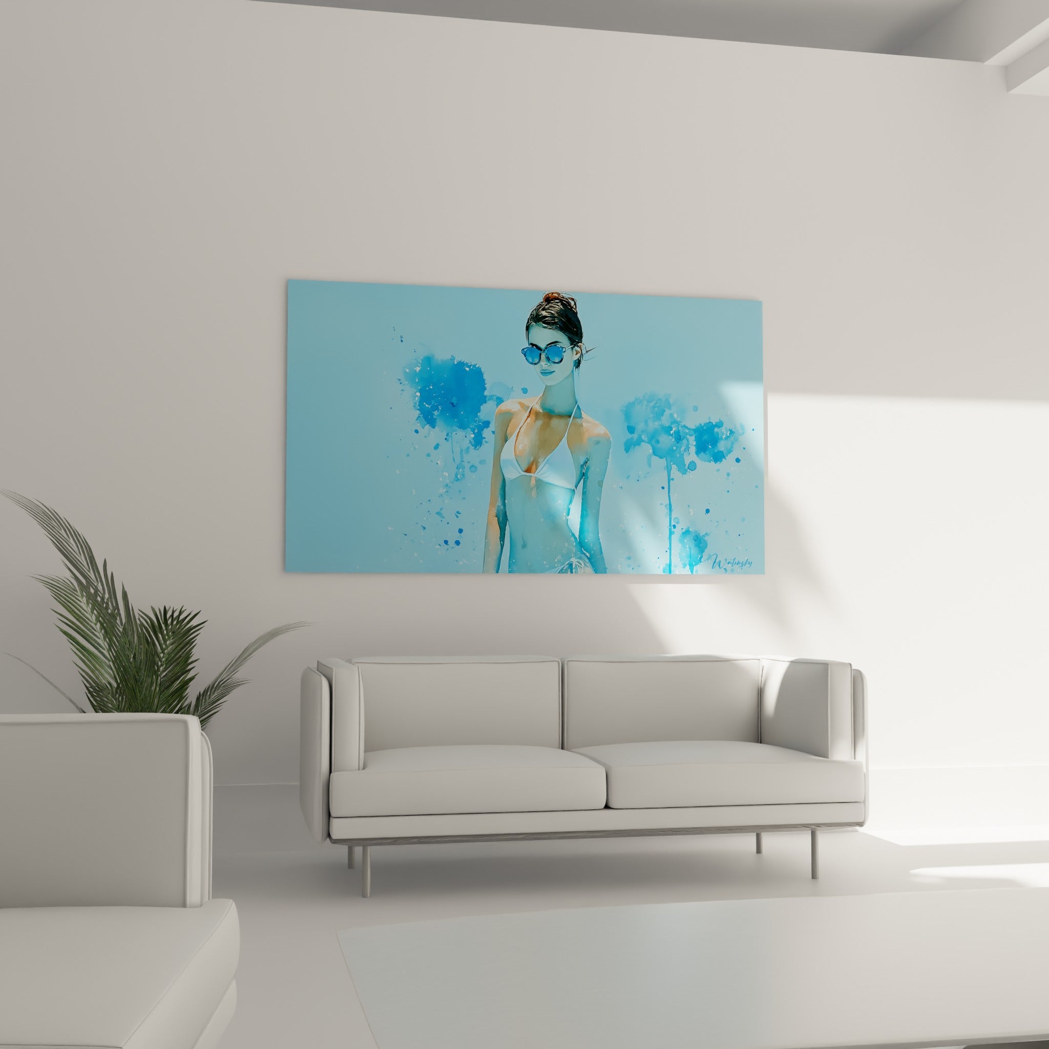 Portrait aquarelle bleu pastel d'une femme en maillot blanc, au-dessus d'un canapé dans un salon lumineux.