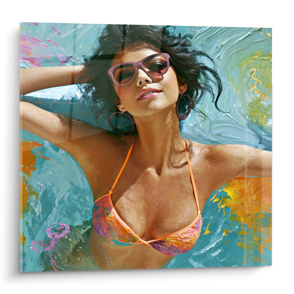 Tableau Femme flottant bikini turquoise et orange - Dérive ensoleillée - Edition sexy