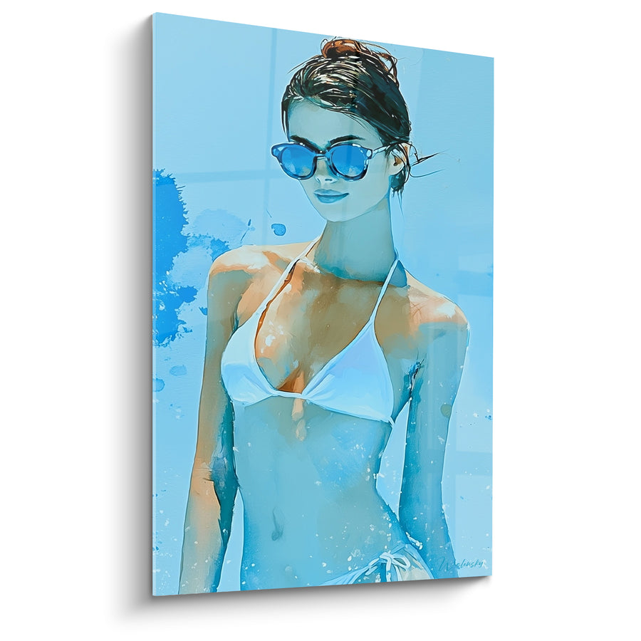 Tableau Femme bikini blanc lunettes bleues - Fraîcheur estivale - Edition sexy