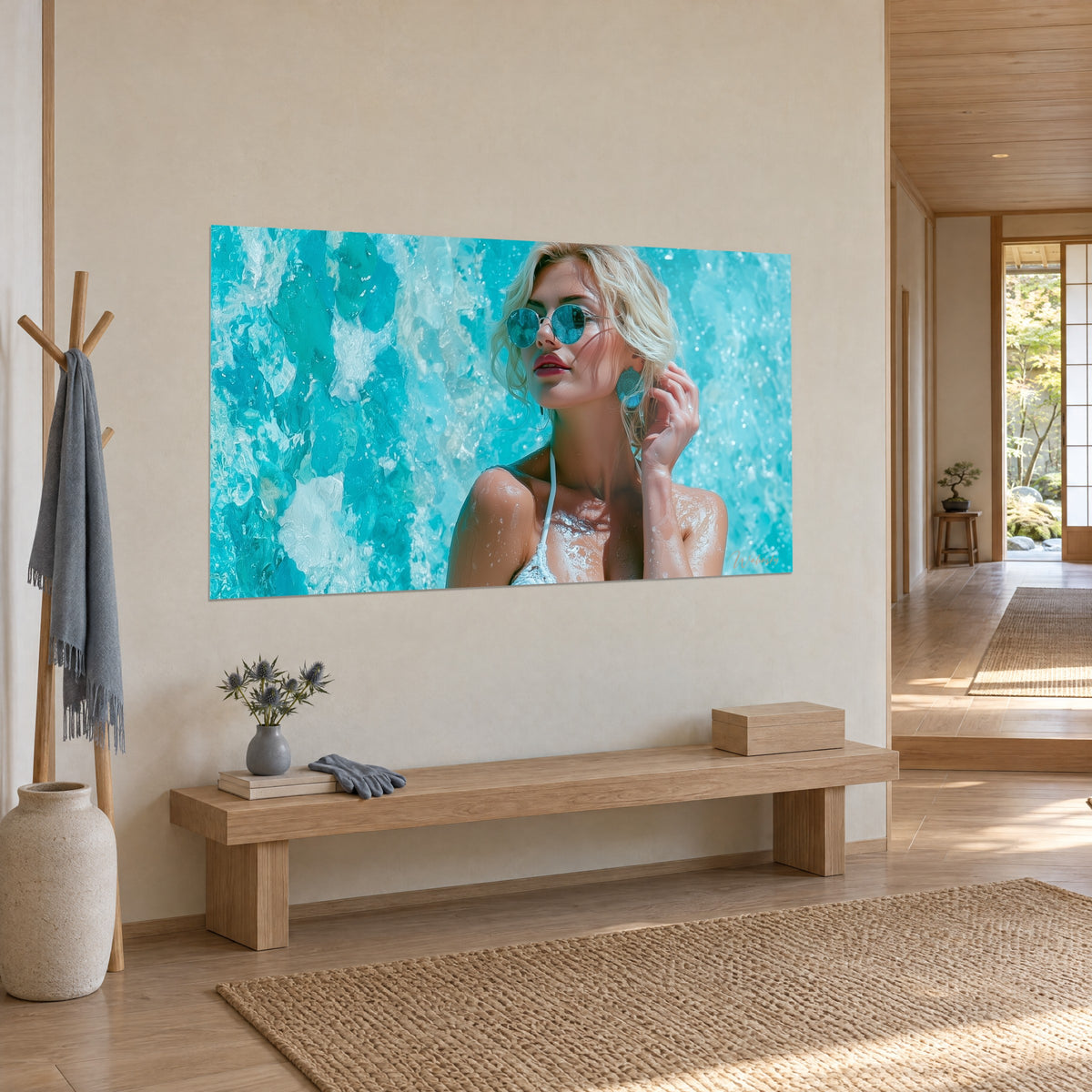 Wall art portrait of a blonde woman, wet hair, hand in a strand, turquoise and white water-splash background, three-quarter view, light wood