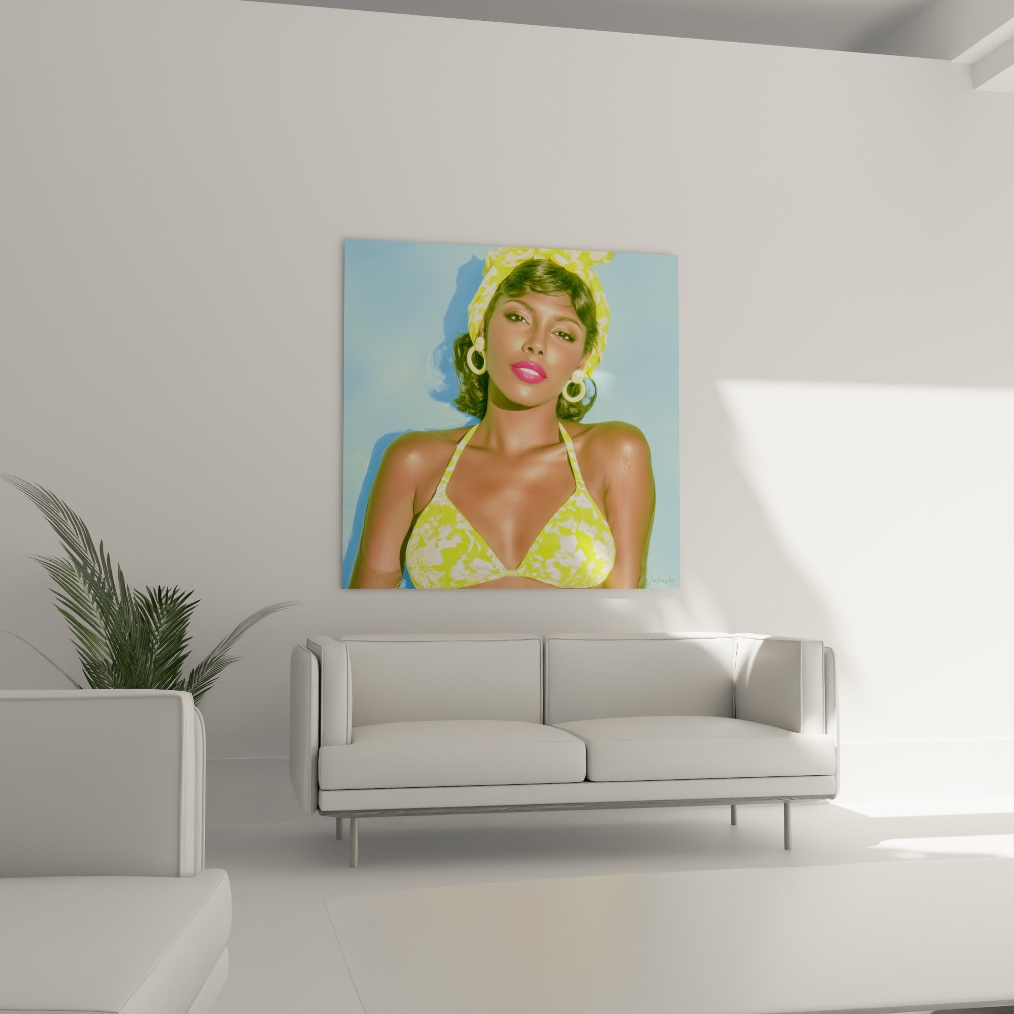Bikini triangle fleuri vert et rouge à lèvres rose vif au-dessus d'un canapé dans un salon lumineux