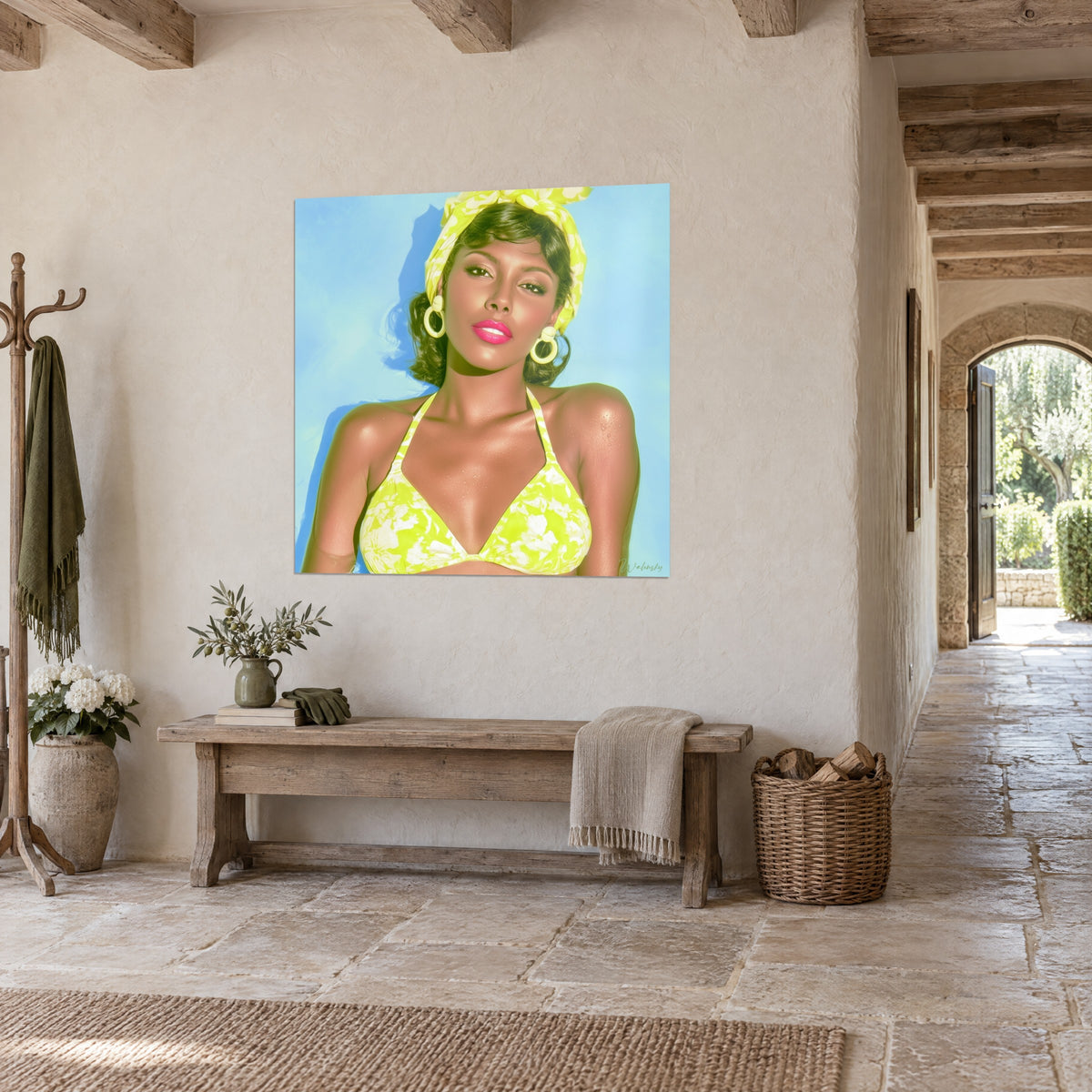 Quadro ritratto glamour, labbra rosa vivo e orecchini color crema, sfondo azzurro cielo, corridoio in pietra di una casa di campagna