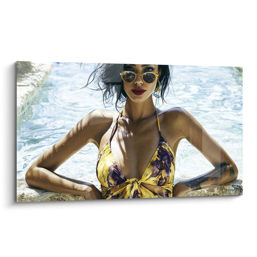 Tableau Femme bikini jaune et violet au bord d'un bassin - Lunettes dorées et boucles d'oreilles - Edition sexy
