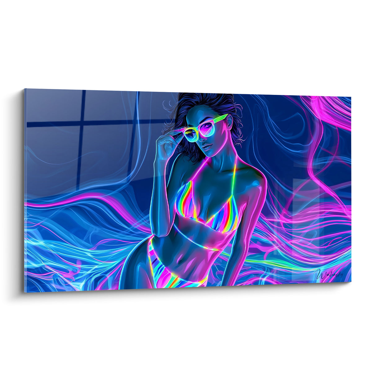 Femme en bikini aux mèches fluorescentes turquoise et magenta sur fond bleu marine