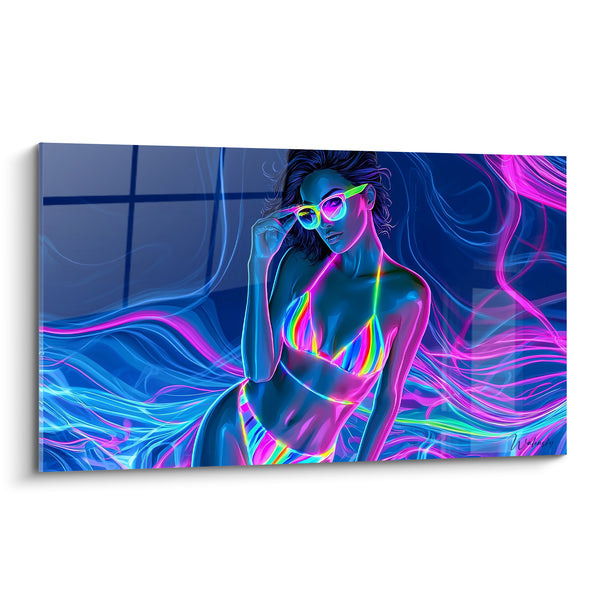 Tableau Femme en bikini aux volutes fluorescentes - Néons nocturnes - Edition sexy