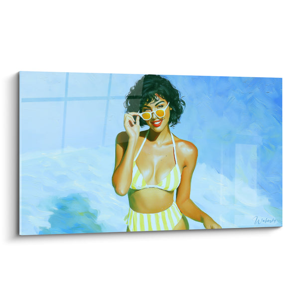 Tableau Bikini rayé blanc et jaune près d'une piscine - Lunettes de soleil rondes - Edition sexy
