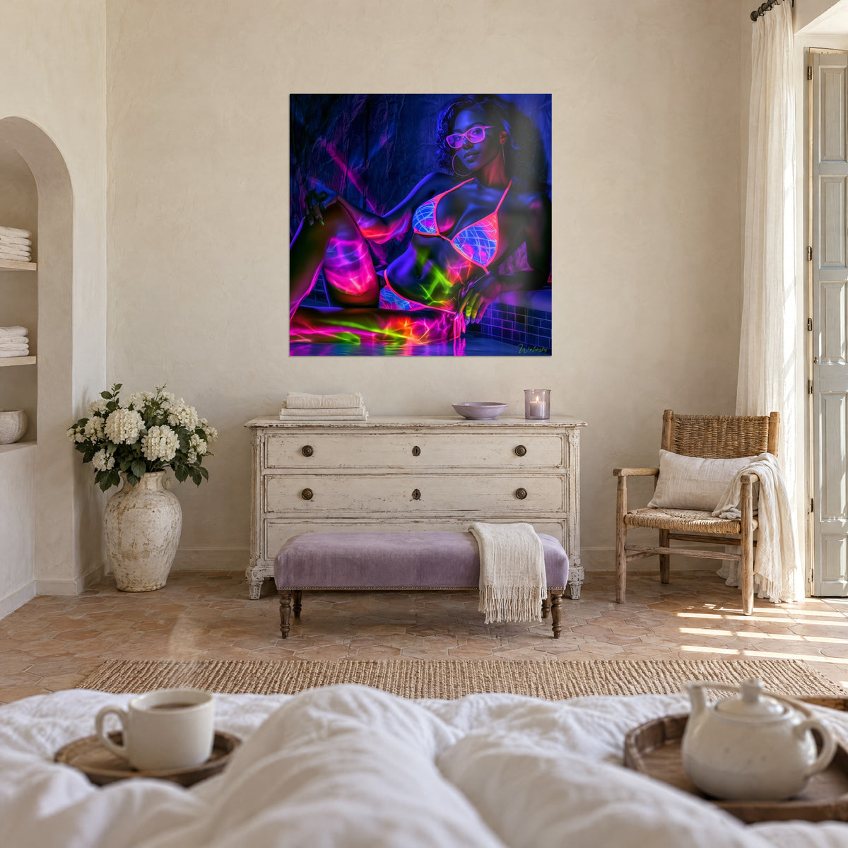 Wall art of a model in violet glasses, pink and electric blue bikini, indigo tiles, above a bed in a bright bedroom