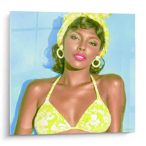Tableau Femme au bikini vert citron ensoleillé - Éclat de piscine - Edition sexy