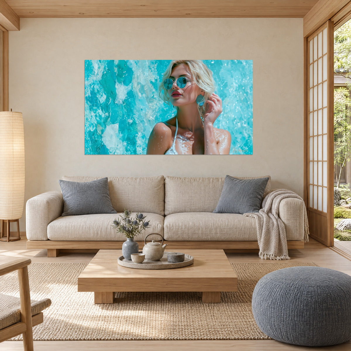 Wall art young blonde with round turquoise glasses, water-beaded skin and white bikini, aqua wall above a sofa in a bright living room