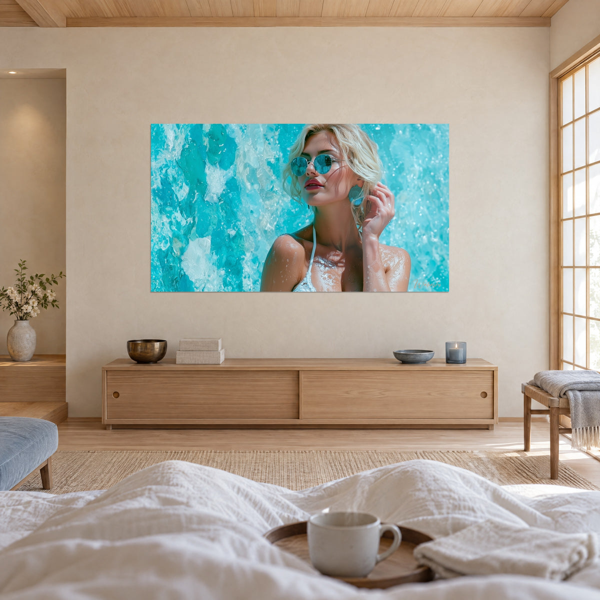 Wall art summer muse with red lips, glacier-blue mirrored glasses, cyan water splashes on the wall, above a bed in a light bedroom