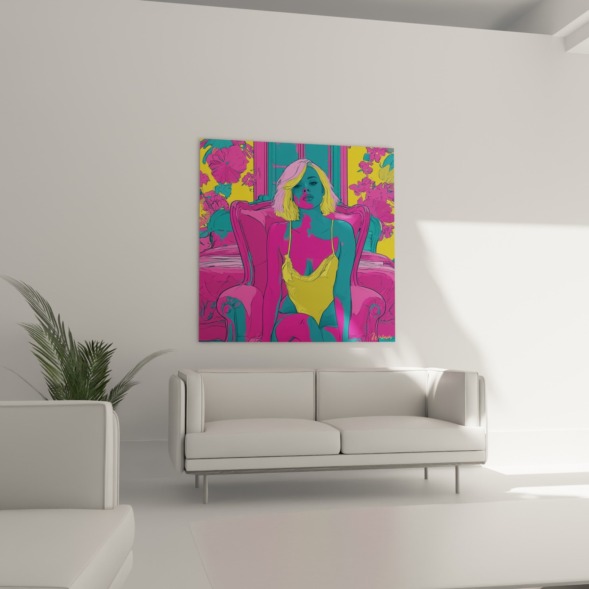 Silhouette graphique fuchsia et jaune d'une femme sur fauteuil baroque, au-dessus d'un canapé dans un salon lumineux