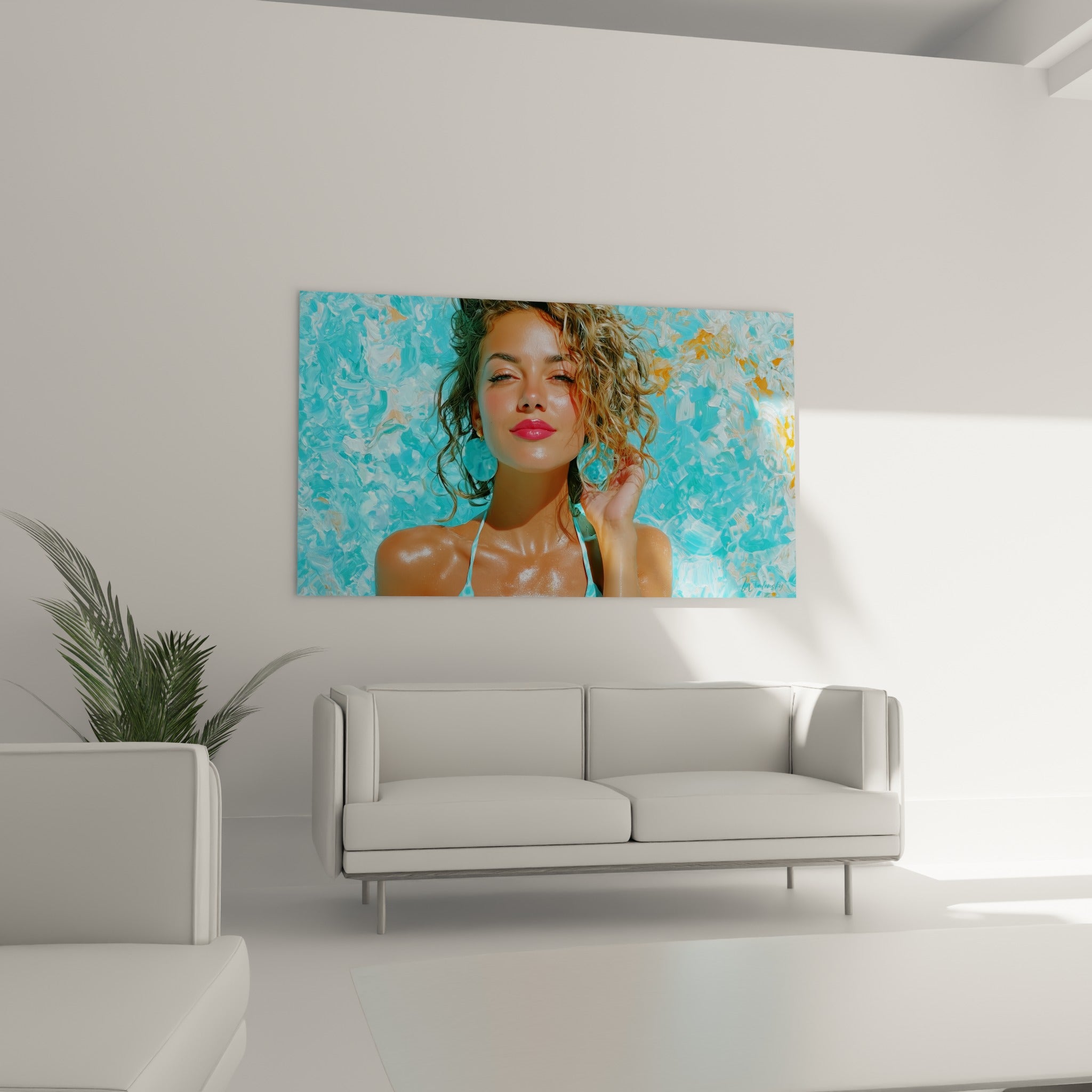 Bouclettes blondes et lèvres roses sur fond bleu turquoise, disposé au-dessus d'un canapé dans un salon lumineux